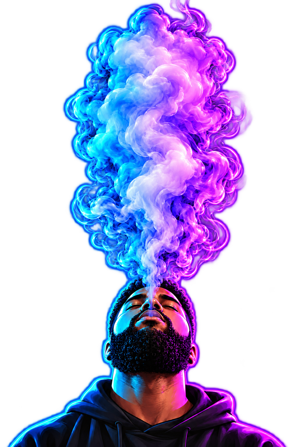 Man exhaling colourful hookah smoke